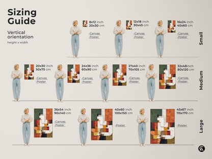 Sizing Guide for Vertical Abstract Art. Visualize different sizes from small to large. Options include canvas and poster prints to fit your space. Perfect for adding a touch of mid-century modern to your home office or living room.