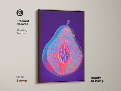 Brown framed canvas shows psychedelic pear wall art. The floating frame complements the magenta purple and blue artwork. This glitch art fruit print is a unique eclectic piece. Ready to hang this abstract canvas is a great gift.