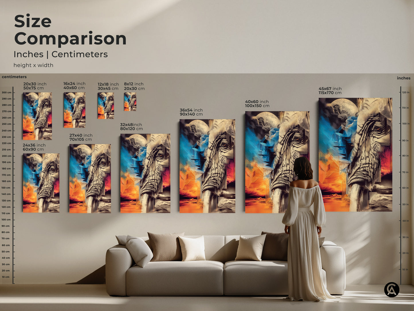 Size comparison of a surreal elephant canvas art. Displaying Inches and Centimeters comparison. Sizes ranging from 12x18 inch to 45x67 inches. The Abstract geometric art makes a perfect fine art elephant print.