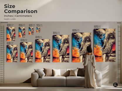 Size comparison of a surreal elephant canvas art. Displaying Inches and Centimeters comparison. Sizes ranging from 12x18 inch to 45x67 inches. The Abstract geometric art makes a perfect fine art elephant print.