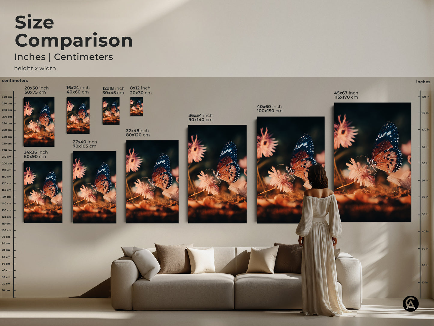 Size comparison of butterfly and flower artwork. Inches and centimeters are shown. Sizes range from 8x12 inch to 45x67 inch. Perfect artistic insect artwork for bedroom wall decor.