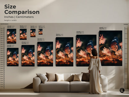 Size comparison of butterfly and flower artwork. Inches and centimeters are shown. Sizes range from 8x12 inch to 45x67 inch. Perfect artistic insect artwork for bedroom wall decor.