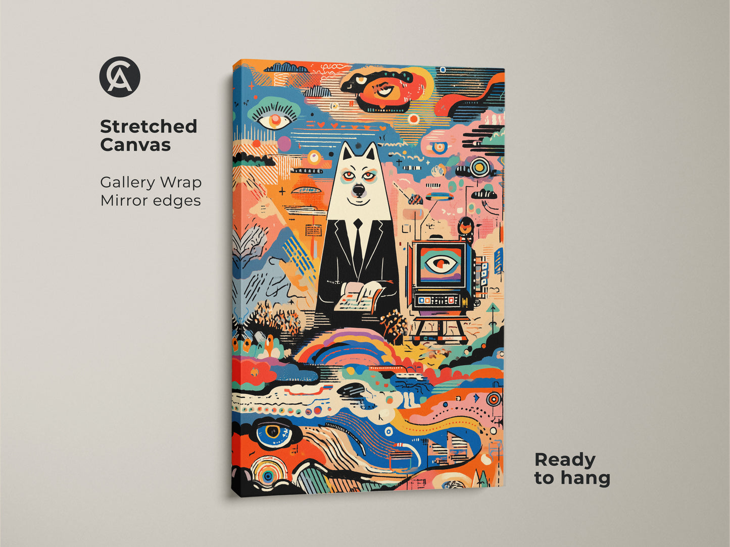 Stretched canvas print of a dog in suit. Gallery wrapped with mirror edges. This modern animal art brings a surreal touch to your space. Its colorful and eclectic feel is ready to hang.