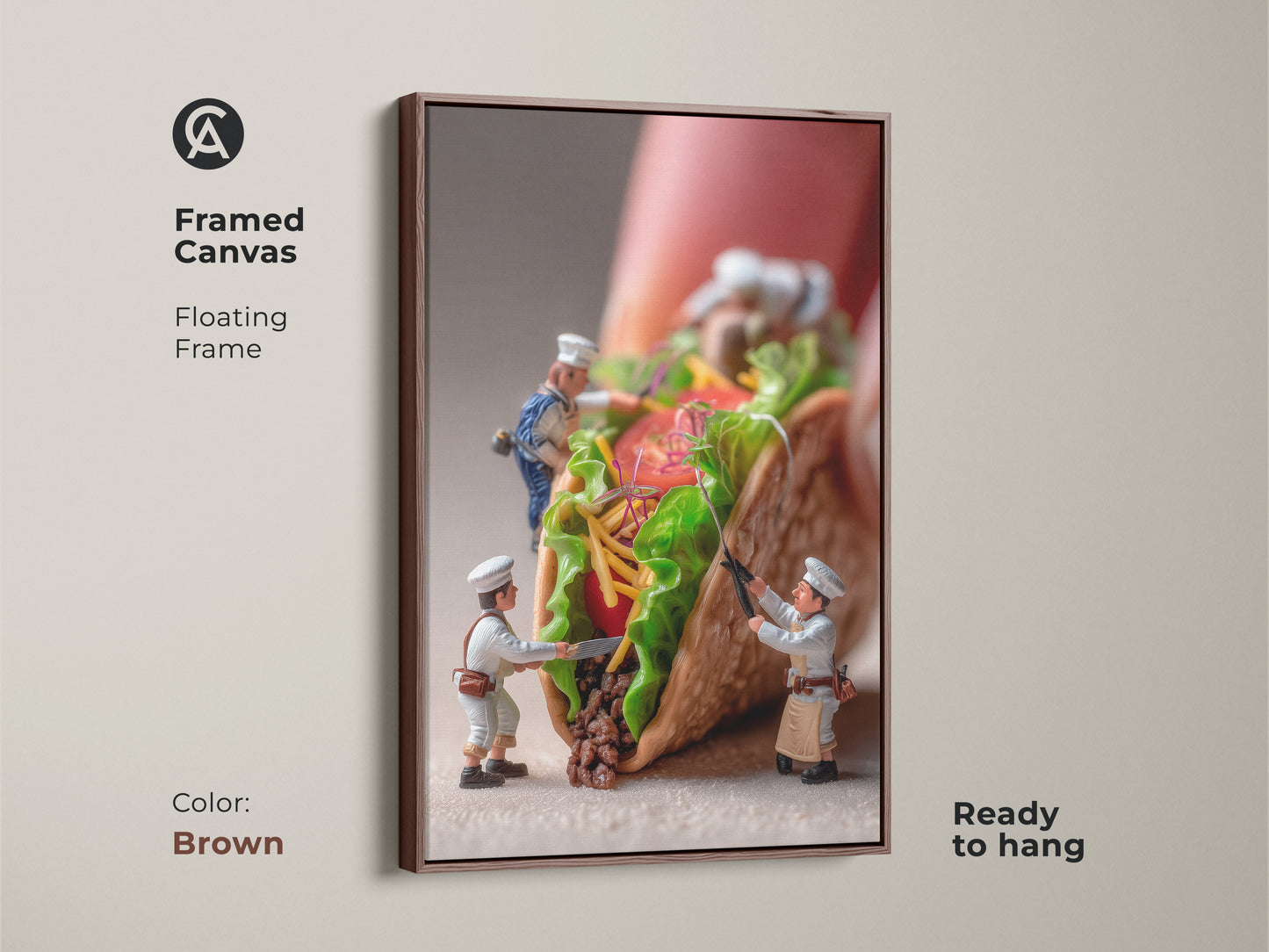 This framed canvas artwork displays tiny chefs making a huge taco. The floating frame in brown adds warmth to this food art. It's ready to hang and ideal for kitchen decoration. A unique and playful piece that brings an artistic touch to your home. Get yours today.
