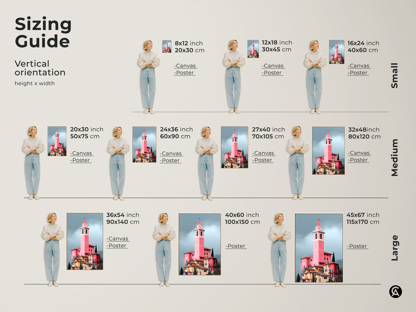 Vertical sizing guide of European village canvas art. Find the perfect fit for your space. Options include canvas and poster in small medium and large sizes.
