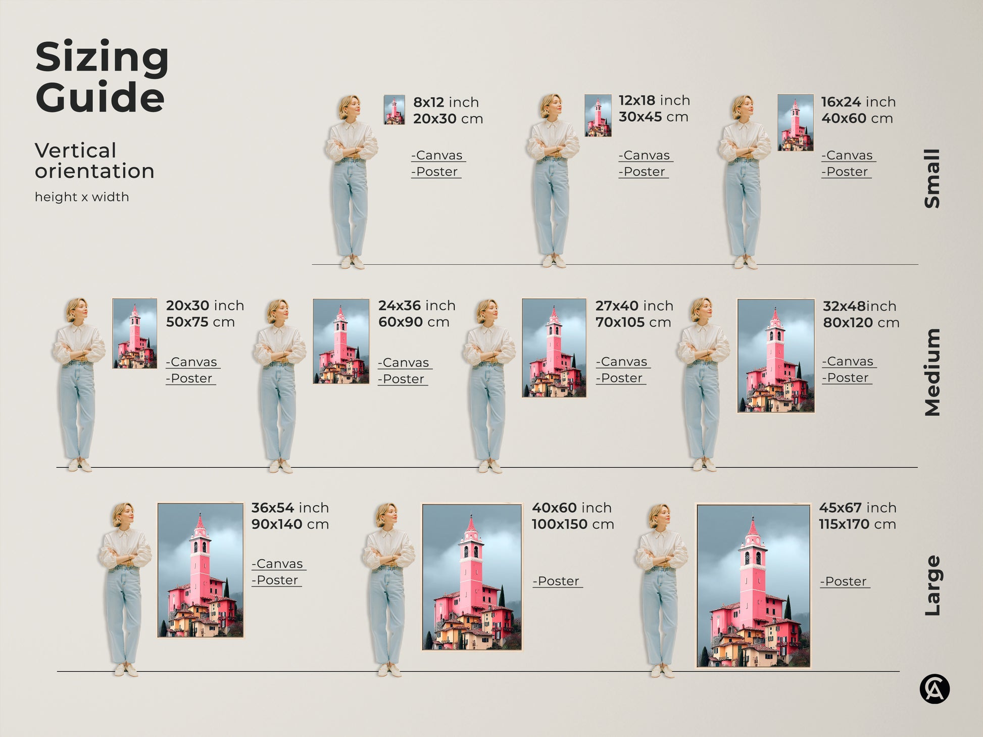 Vertical sizing guide of European village canvas art. Find the perfect fit for your space. Options include canvas and poster in small medium and large sizes.