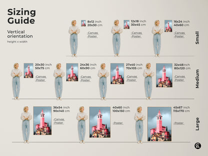 Vertical sizing guide of European village canvas art. Find the perfect fit for your space. Options include canvas and poster in small medium and large sizes.