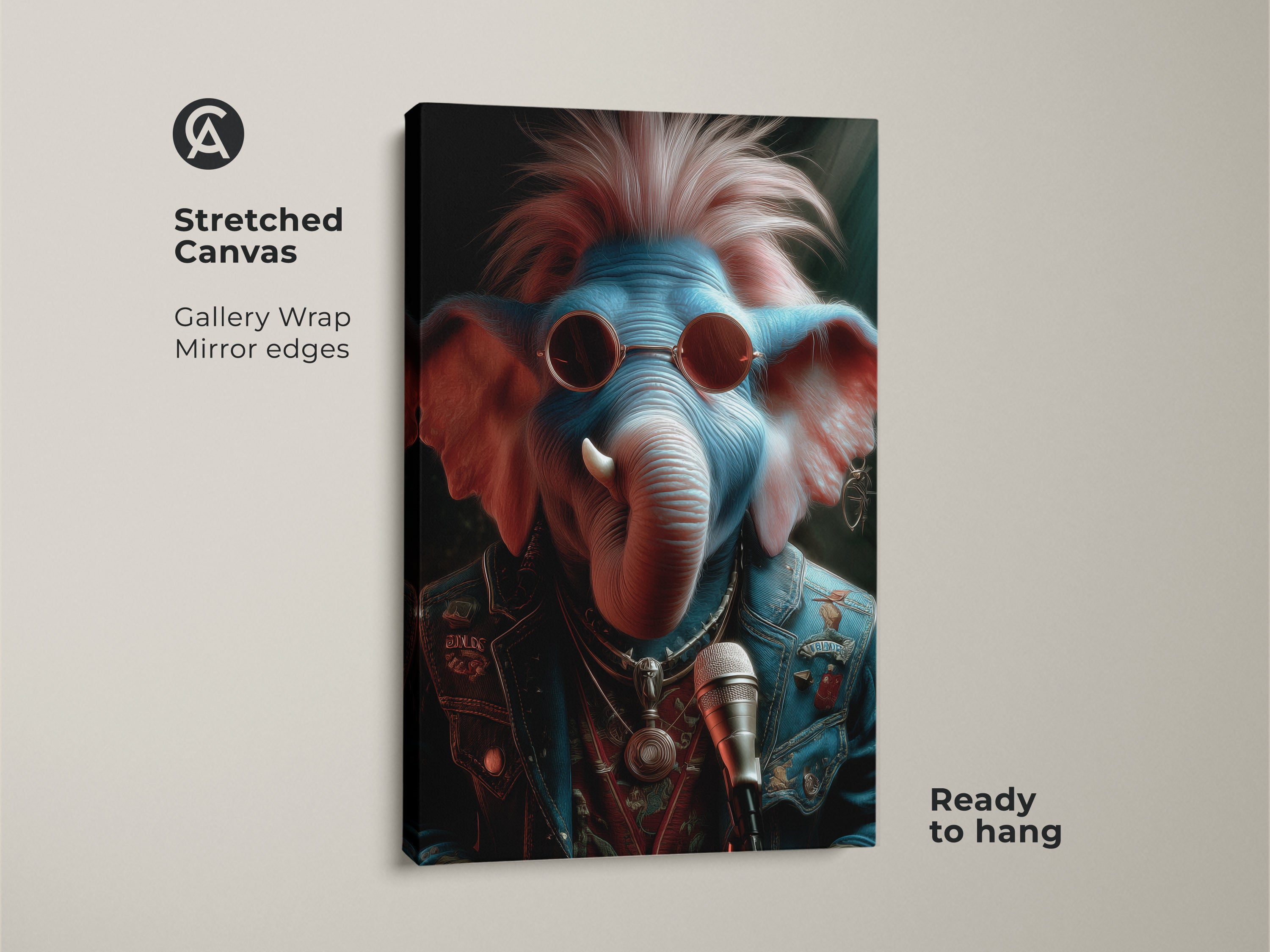 Surreal Elephant Art Print - Punk Rock Rockstar Canvas, Blue Pink