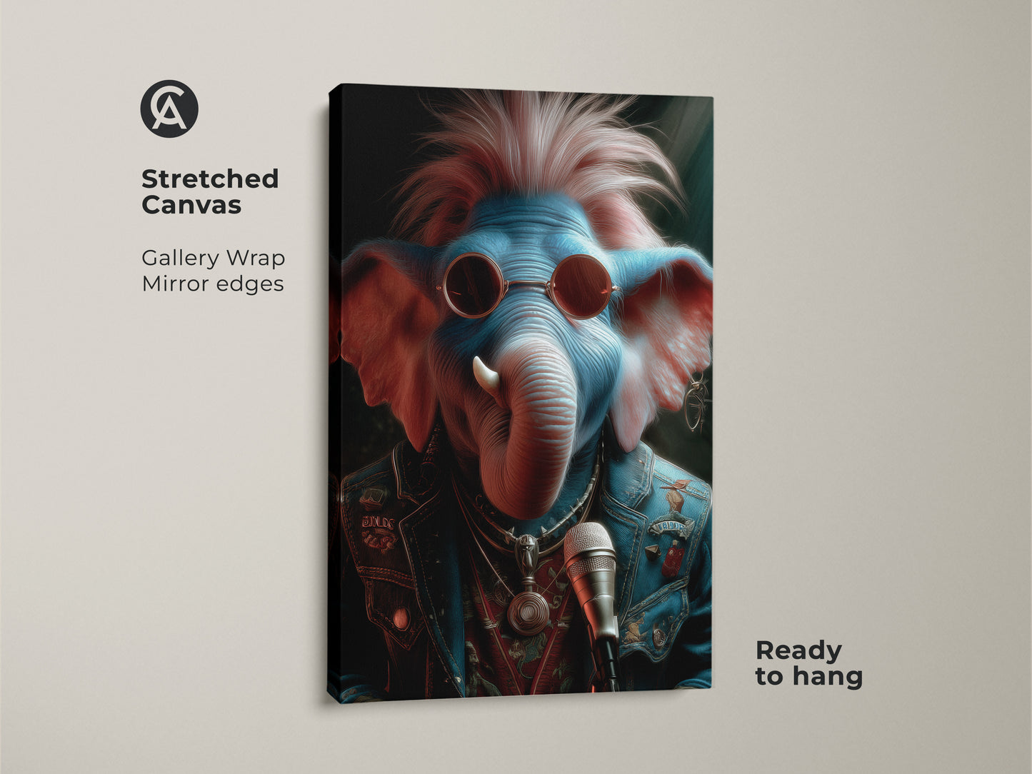 A stretched canvas print showcases a punk rock elephant. It's gallery-wrapped with mirrored edges. This rockstar animal canvas is ready to hang. The surreal music art features vibrant blue and pink tones. It's a great gift for band fans and alternative music enthusiasts.