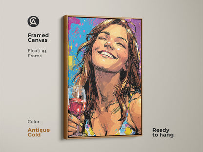 Framed canvas print featuring a woman with a wine glass with graffiti elements. This pop art artwork has a floating antique gold frame and is ready to hang. The teal yellow and purple hues create an eclectic artwork. It is a vibrant wall art for artistic home decor.