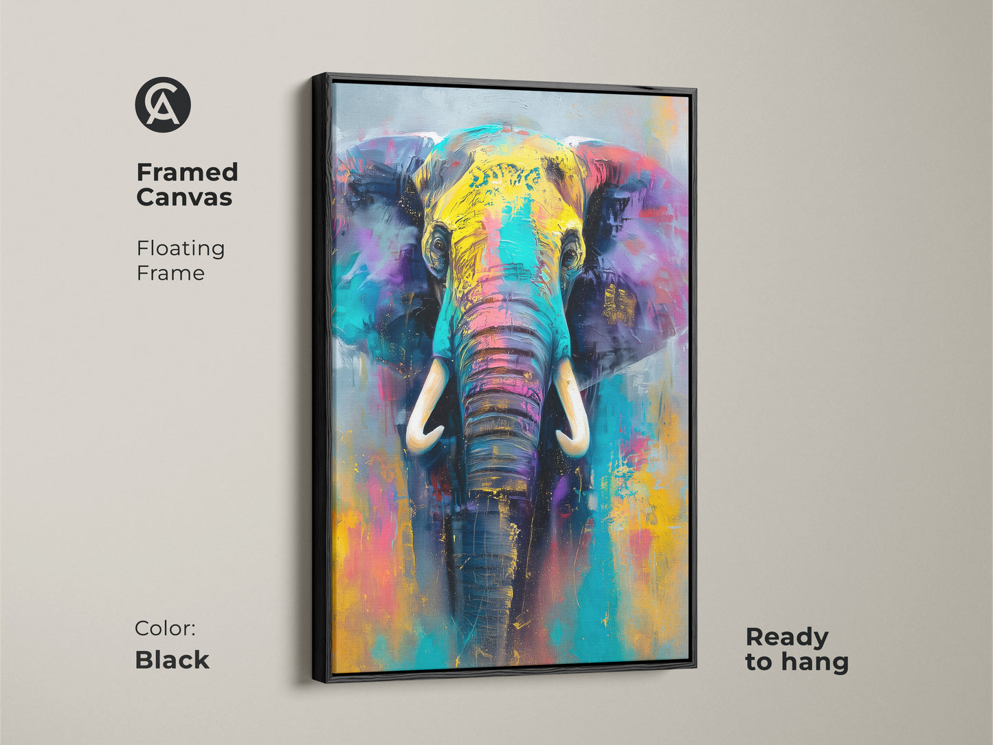 Framed canvas featuring a colorful elephant artwork in a floating frame. The black frame enhances the vivid colors of the painting. This ready-to-hang piece brings a touch of modern elegance to any room.