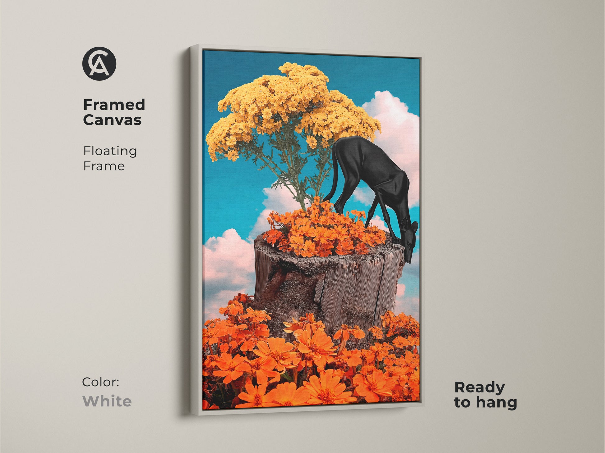 Framed canvas featuring surreal black panther art. It also includes fantasy nature collage. The eclectic floral wall decor with orange flowers and a yellow tree brighten up any space. This unique wall hanging is ready to hang. A white floating frame offers a clean look.