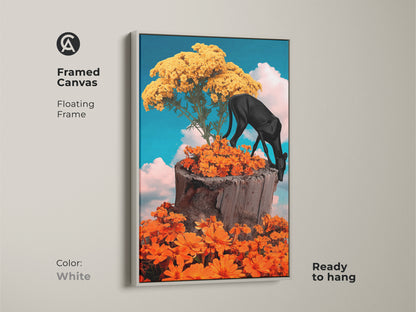 Framed canvas featuring surreal black panther art. It also includes fantasy nature collage. The eclectic floral wall decor with orange flowers and a yellow tree brighten up any space. This unique wall hanging is ready to hang. A white floating frame offers a clean look.