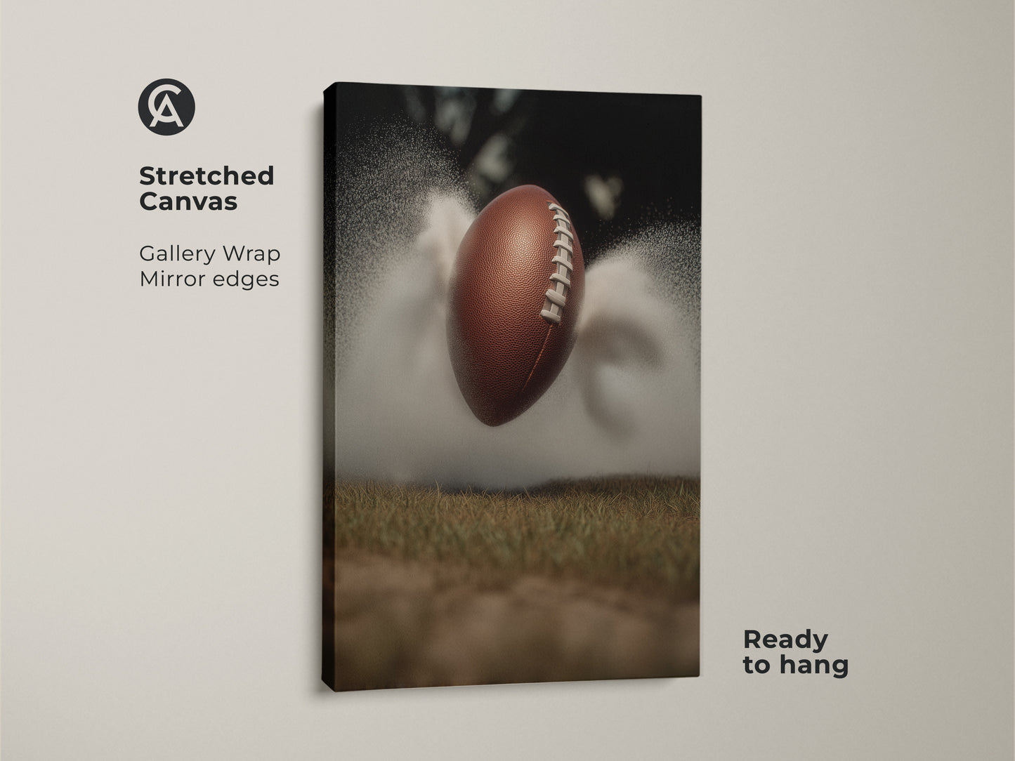 Get this dynamic sports wall art on stretched canvas ready to hang. This action shot canvas is perfect for a modern man cave or office. The brown and green palette adds an athletic touch. It's a great gift for any football fan looking to enhance their home decor with unique sports artwork.