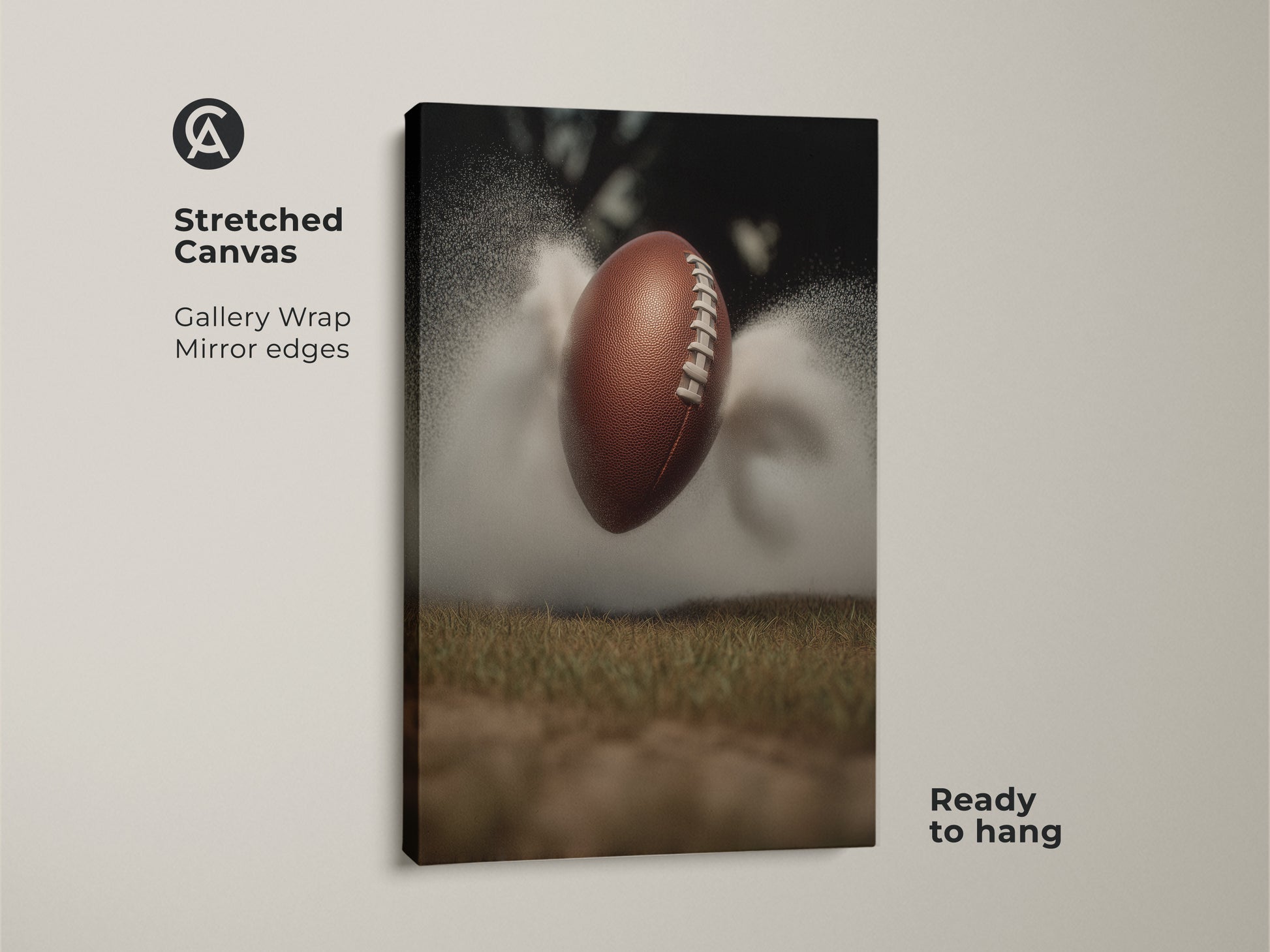 Get this dynamic sports wall art on stretched canvas ready to hang. This action shot canvas is perfect for a modern man cave or office. The brown and green palette adds an athletic touch. It's a great gift for any football fan looking to enhance their home decor with unique sports artwork.