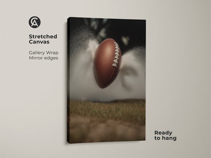 Get this dynamic sports wall art on stretched canvas ready to hang. This action shot canvas is perfect for a modern man cave or office. The brown and green palette adds an athletic touch. It's a great gift for any football fan looking to enhance their home decor with unique sports artwork.
