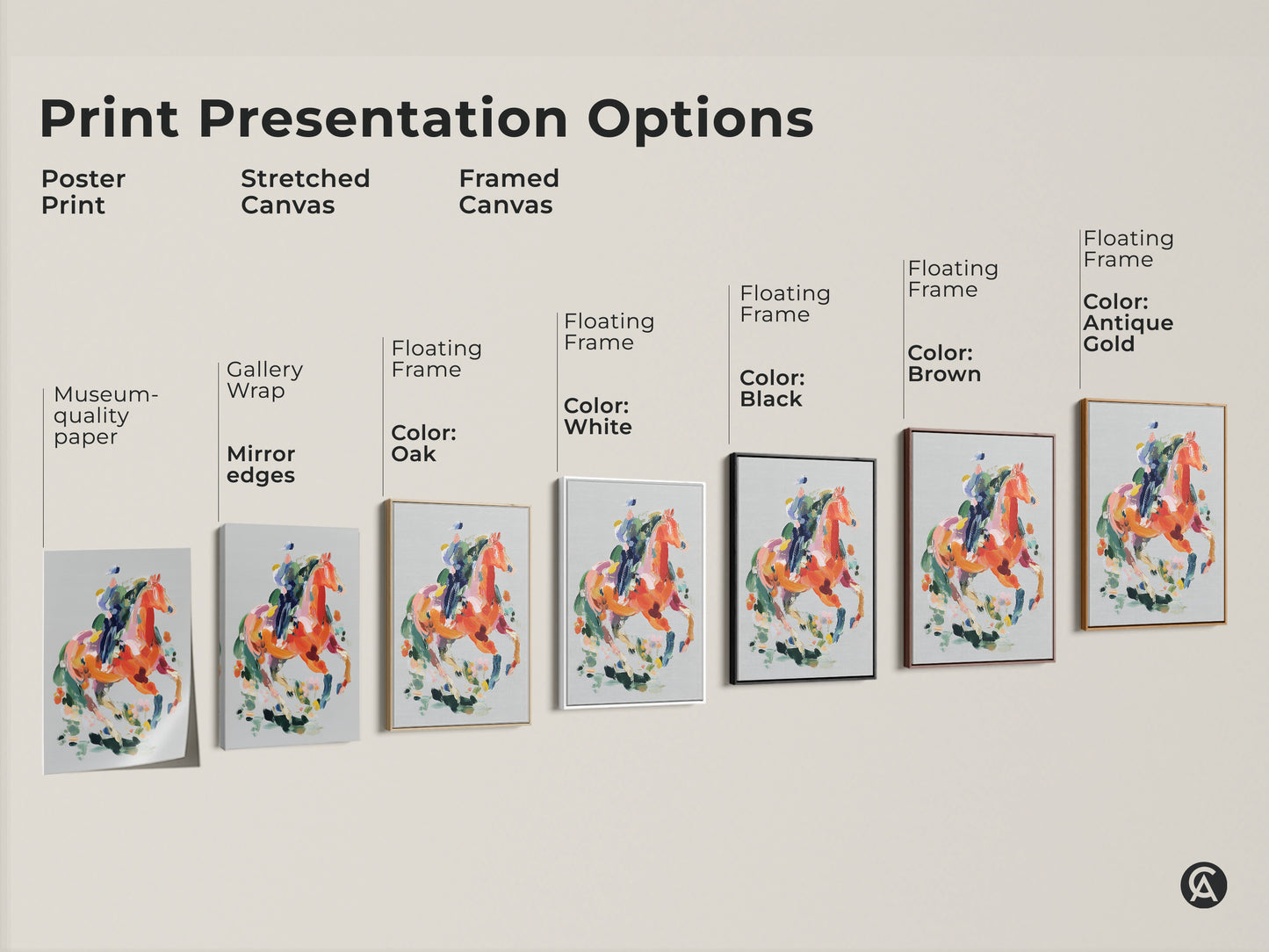 Explore abstract horse art print presentation options. Choose from poster prints stretched canvas or framed canvas. Discover museum-quality paper gallery wrap and floating frame choices. Colors include black brown antique gold and white. Enhance your space with equestrian wall decor today.
