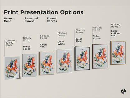 Explore abstract horse art print presentation options. Choose from poster prints stretched canvas or framed canvas. Discover museum-quality paper gallery wrap and floating frame choices. Colors include black brown antique gold and white. Enhance your space with equestrian wall decor today.
