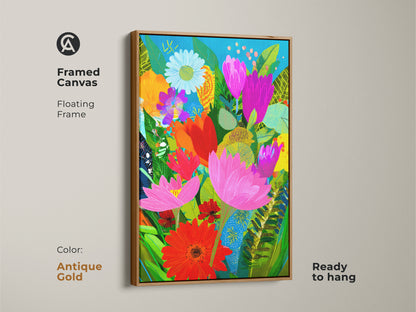 Antique Gold framed canvas of abstract floral wall art. Botanical art print showcasing boho elegance. The colorful flower art is a modern folk art treasure. Ready to hang with a floating frame. A luxurious gift for plant art enthusiasts.