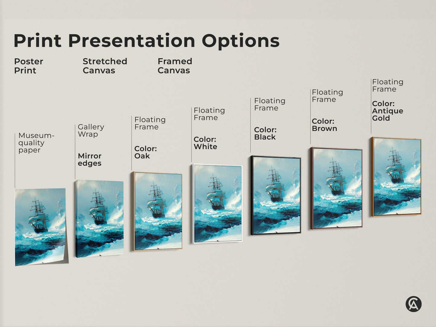 Explore print presentation options of tall ship nautical art including framed canvas stretched canvas and poster prints. Choose between gallery wrap floating frame and museum-quality paper options to customize your maritime wall decor.