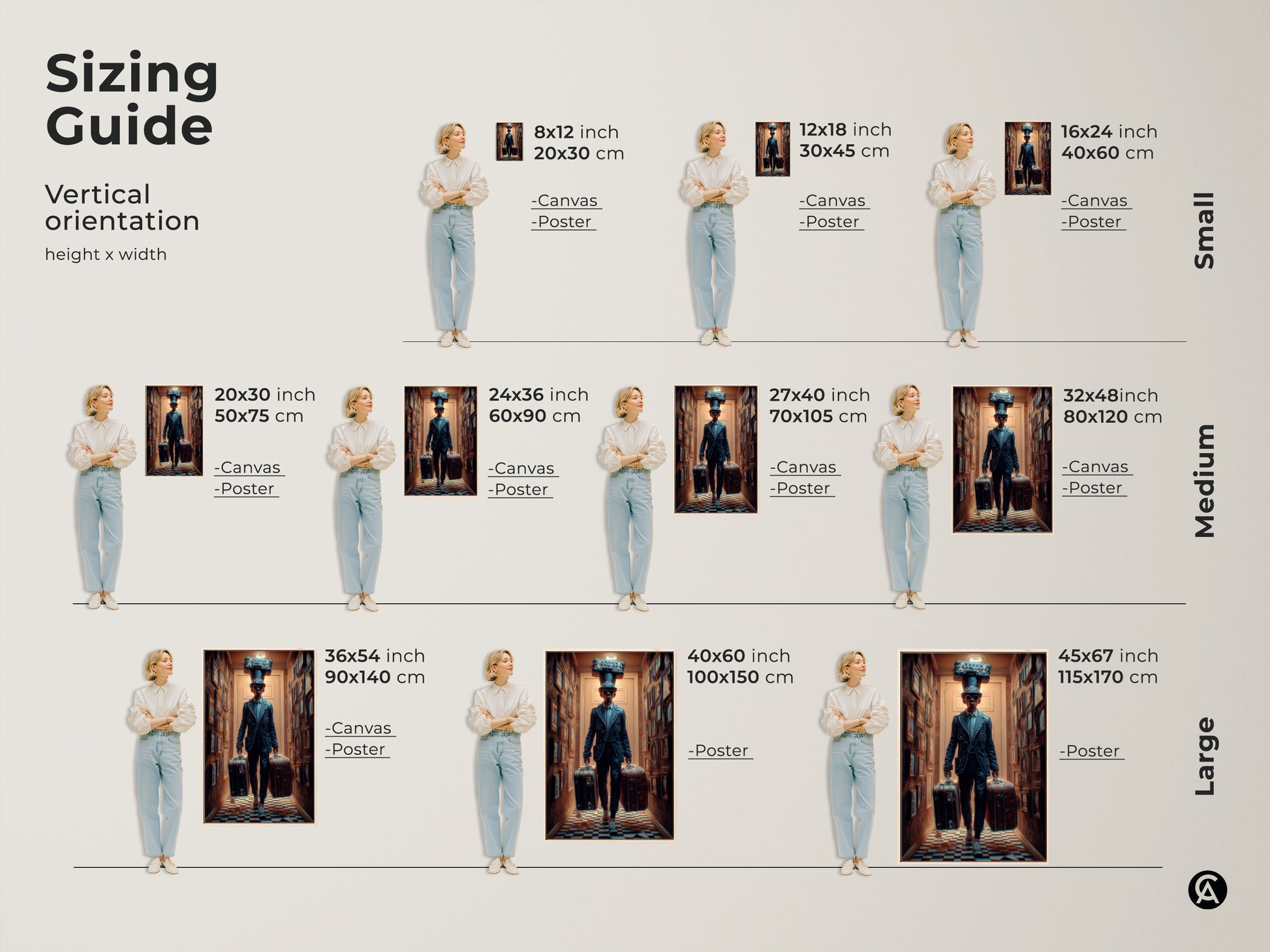 Sizing Guide for Surreal Steampunk Man Canvas and Poster Prints. Vertical orientation options include small medium and large sizes. The artwork features a man with suitcases and hat. Perfect for any space. These options ensure a great fit for your decor needs.