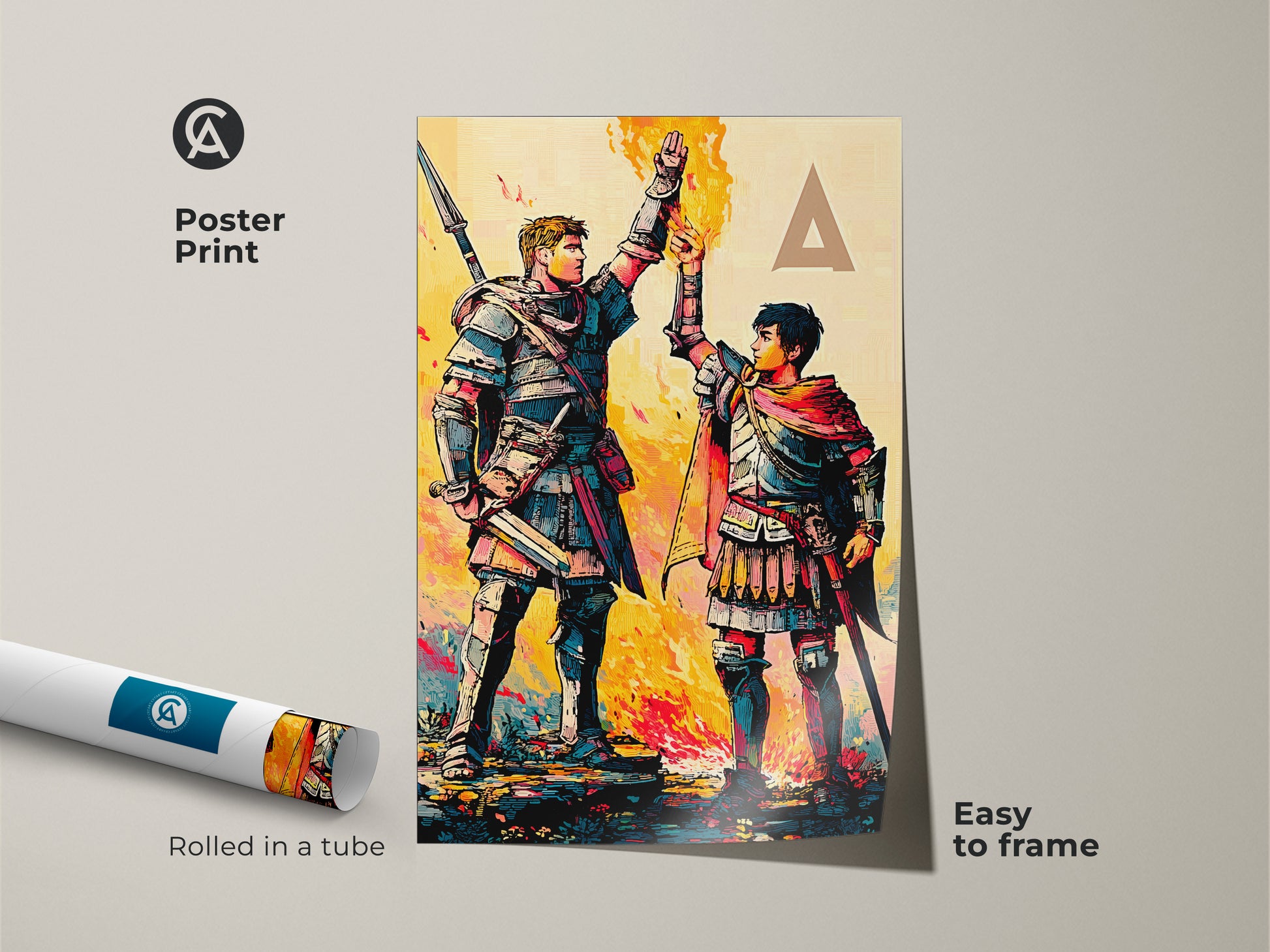 Enhance your wall decor with a comic style wall art poster print. Rolled for easy framing. Showcasing knights in armor with a vibrant crimson teal and yellow palette.