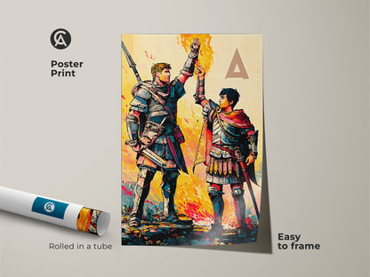 Enhance your wall decor with a comic style wall art poster print. Rolled for easy framing. Showcasing knights in armor with a vibrant crimson teal and yellow palette.