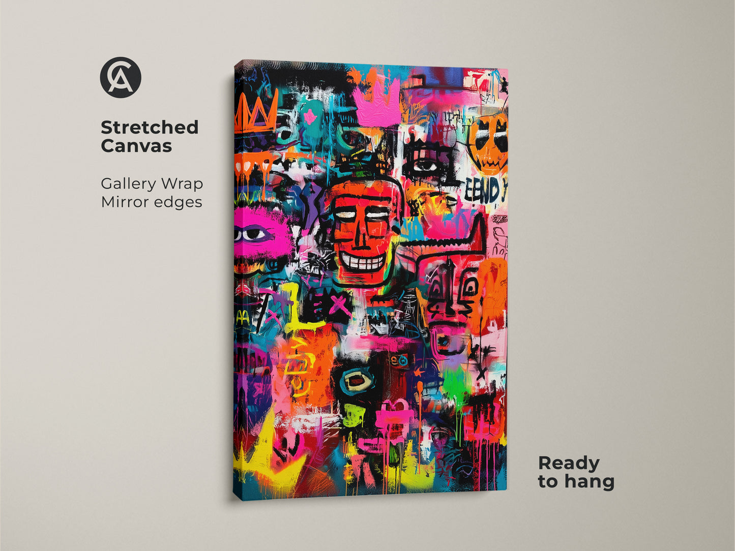 Modern graffiti art on stretched canvas. This colorful artwork features a collection of faces and symbols. The gallery wrapped canvas has mirror edges. This canvas is ready to hang and enjoy.