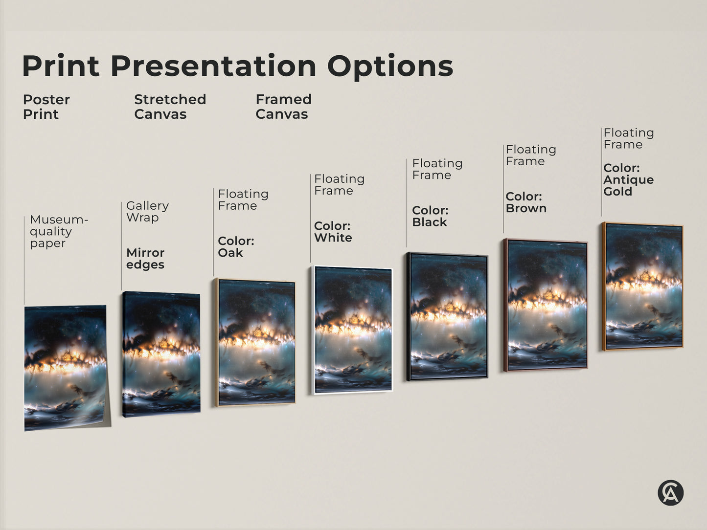 Print presentation options for space artwork. Available as a poster print stretched canvas and framed canvas. Floating frame options in white black brown oak and antique gold. Find the perfect art for your home decor.