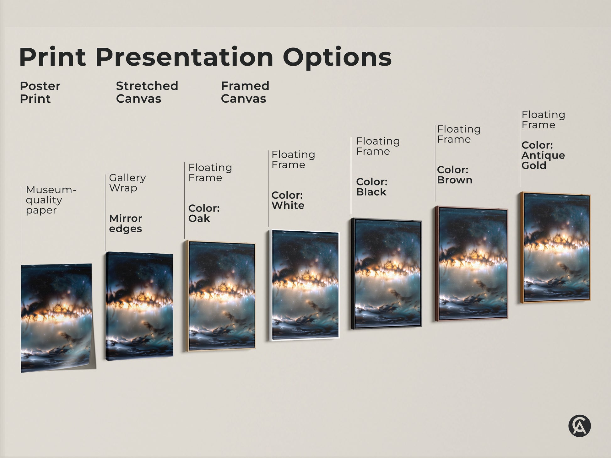Print presentation options for space artwork. Available as a poster print stretched canvas and framed canvas. Floating frame options in white black brown oak and antique gold. Find the perfect art for your home decor.