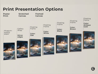 Print presentation options for space artwork. Available as a poster print stretched canvas and framed canvas. Floating frame options in white black brown oak and antique gold. Find the perfect art for your home decor.