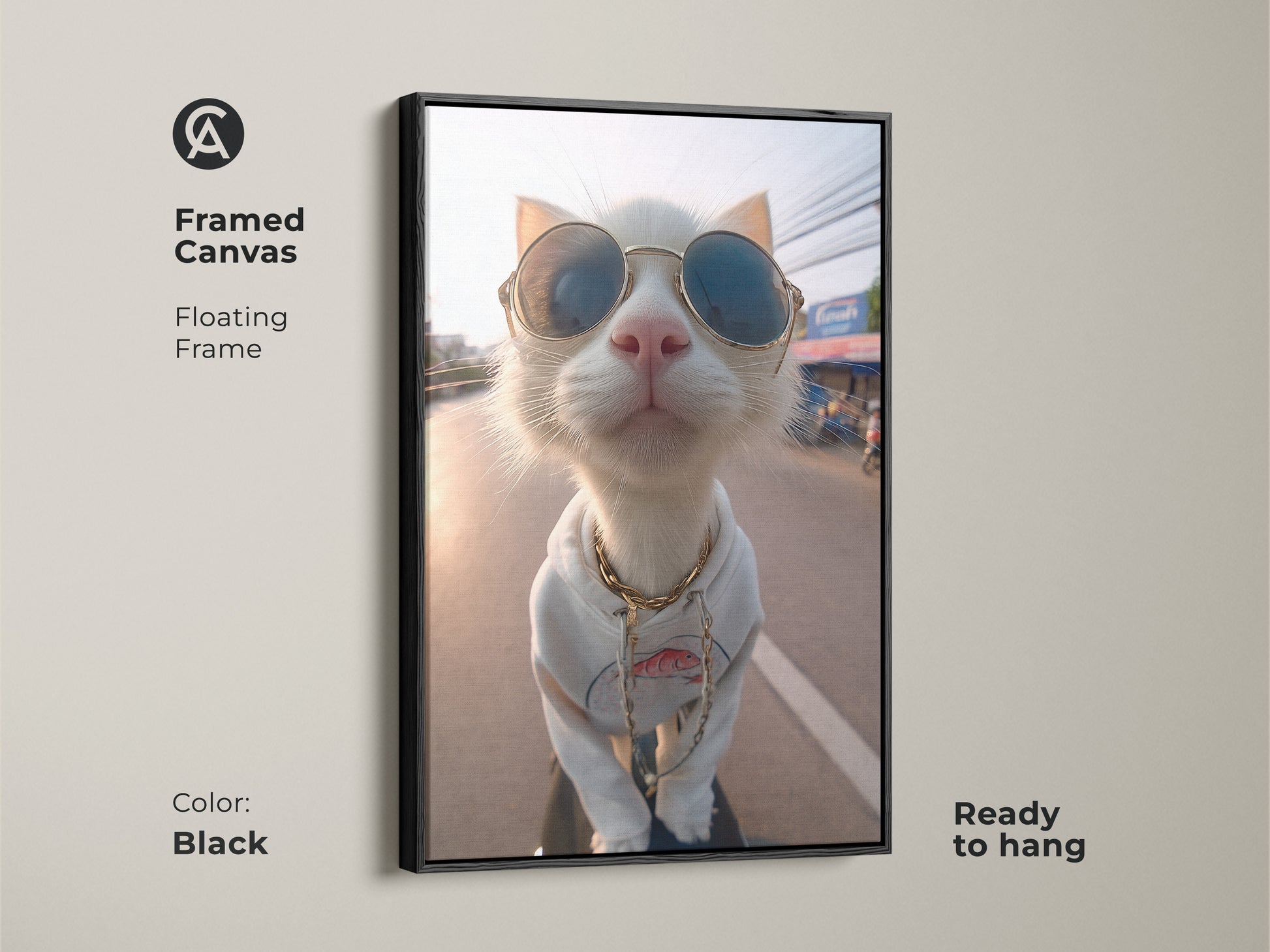 Framed canvas art of a cool cat with sunglasses. The floating frame is black adding a sleek touch. This ready-to-hang artwork is perfect for modern spaces. It brings a fun stylish vibe to any room. Ideal for cat and art enthusiasts.