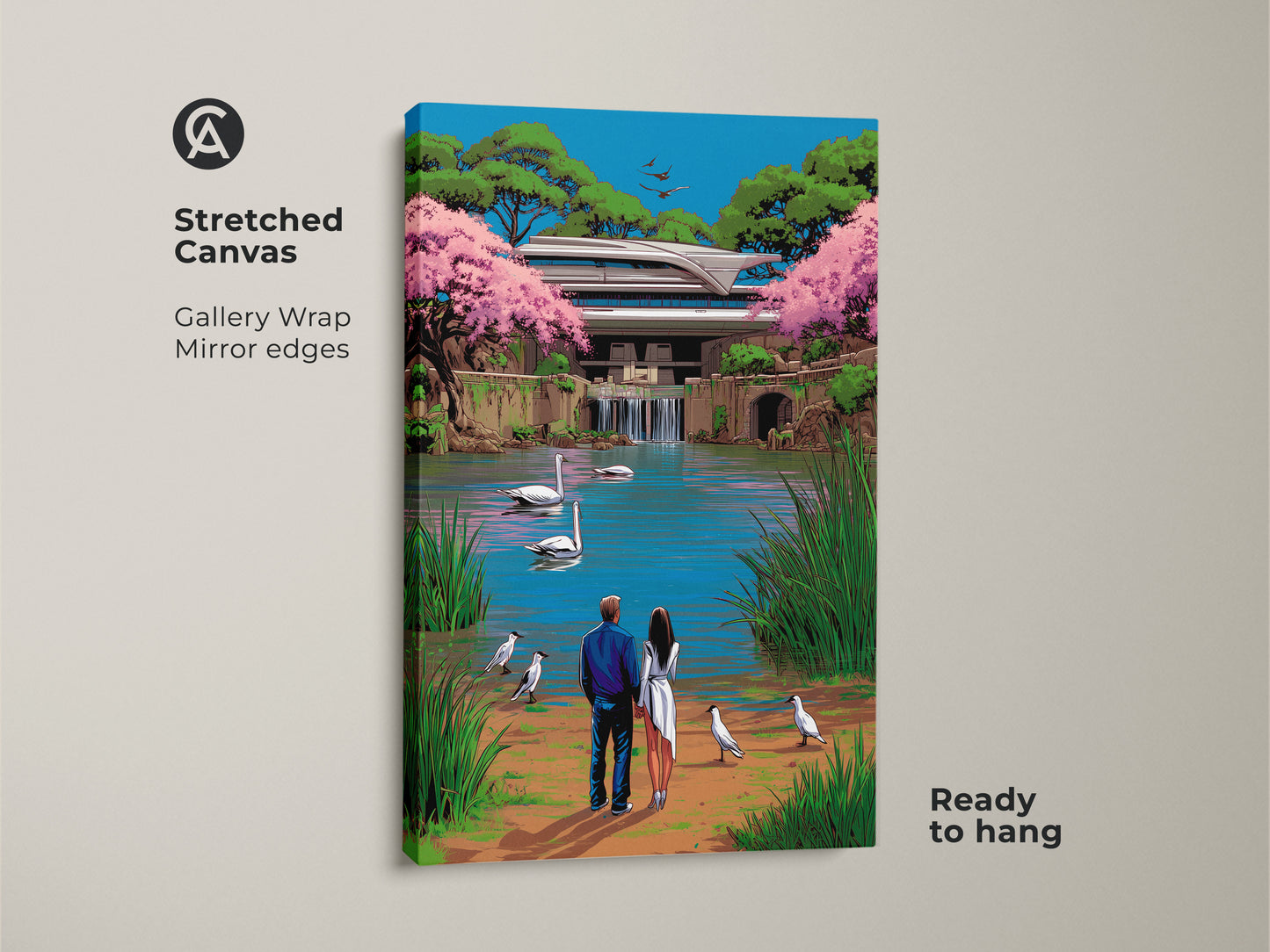 This gallery-wrapped canvas showcases a couple by a tranquil lake. Swans and modern architecture add a surreal pop art touch. The blue green pink palette makes it ideal as a romantic anniversary gift. Ready to hang for instant eclectic wall decor.