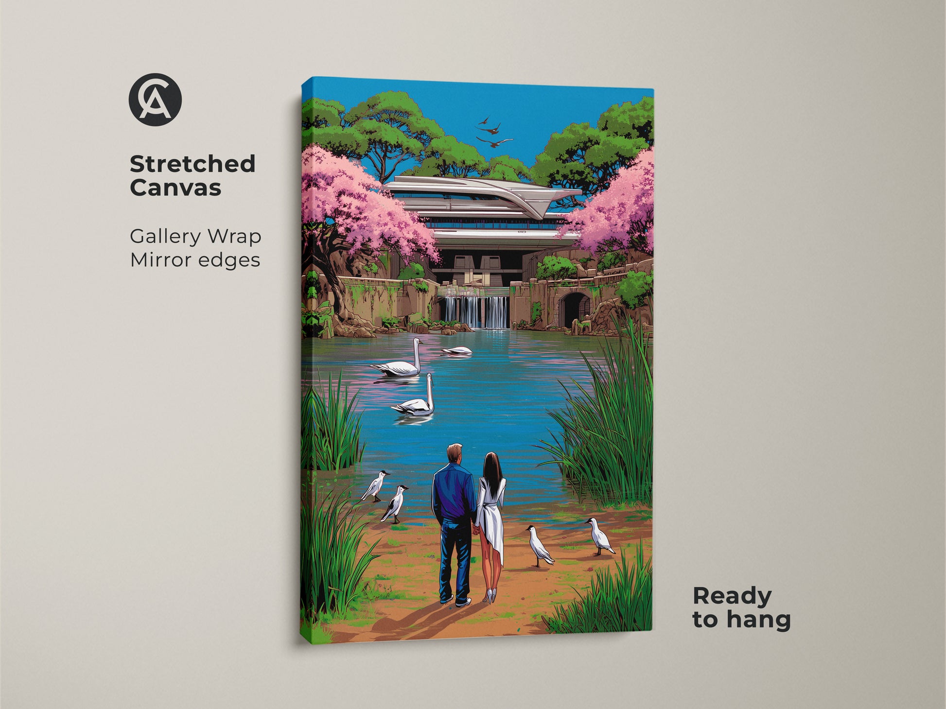 This gallery-wrapped canvas showcases a couple by a tranquil lake. Swans and modern architecture add a surreal pop art touch. The blue green pink palette makes it ideal as a romantic anniversary gift. Ready to hang for instant eclectic wall decor.