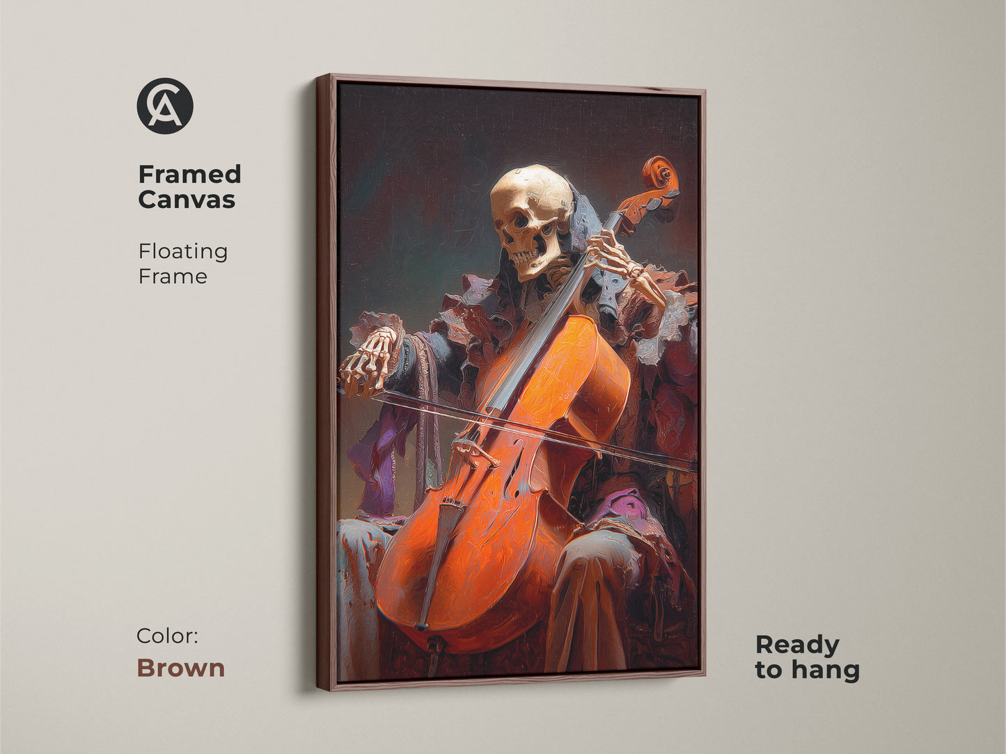 Framed canvas with a floating frame. The frame's color is brown. Macabre skeleton playing cello artwork. Perfect gift for a cello player. Ready to hang.