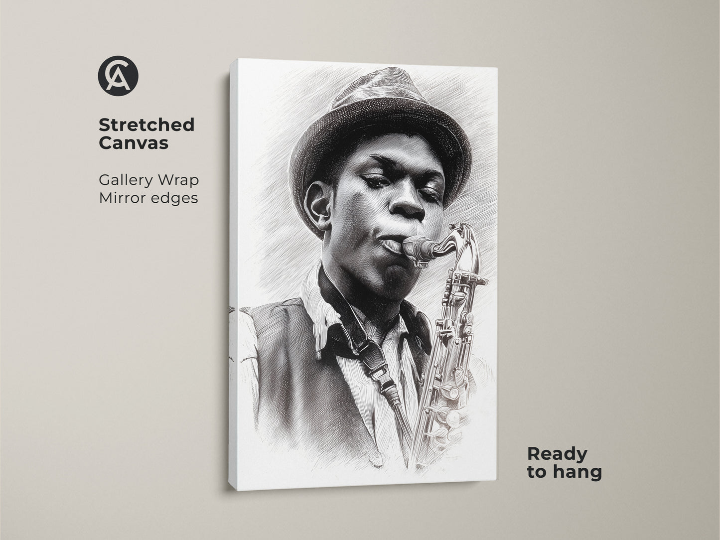 A stretched canvas featuring a detailed pencil artwork of a jazz saxophonist. The gallery wrap and mirror edges give it a clean modern look. Ready to hang this music-themed canvas enhances any room. Perfect for jazz enthusiasts seeking unique wall decor this stretched canvas is a great choice.