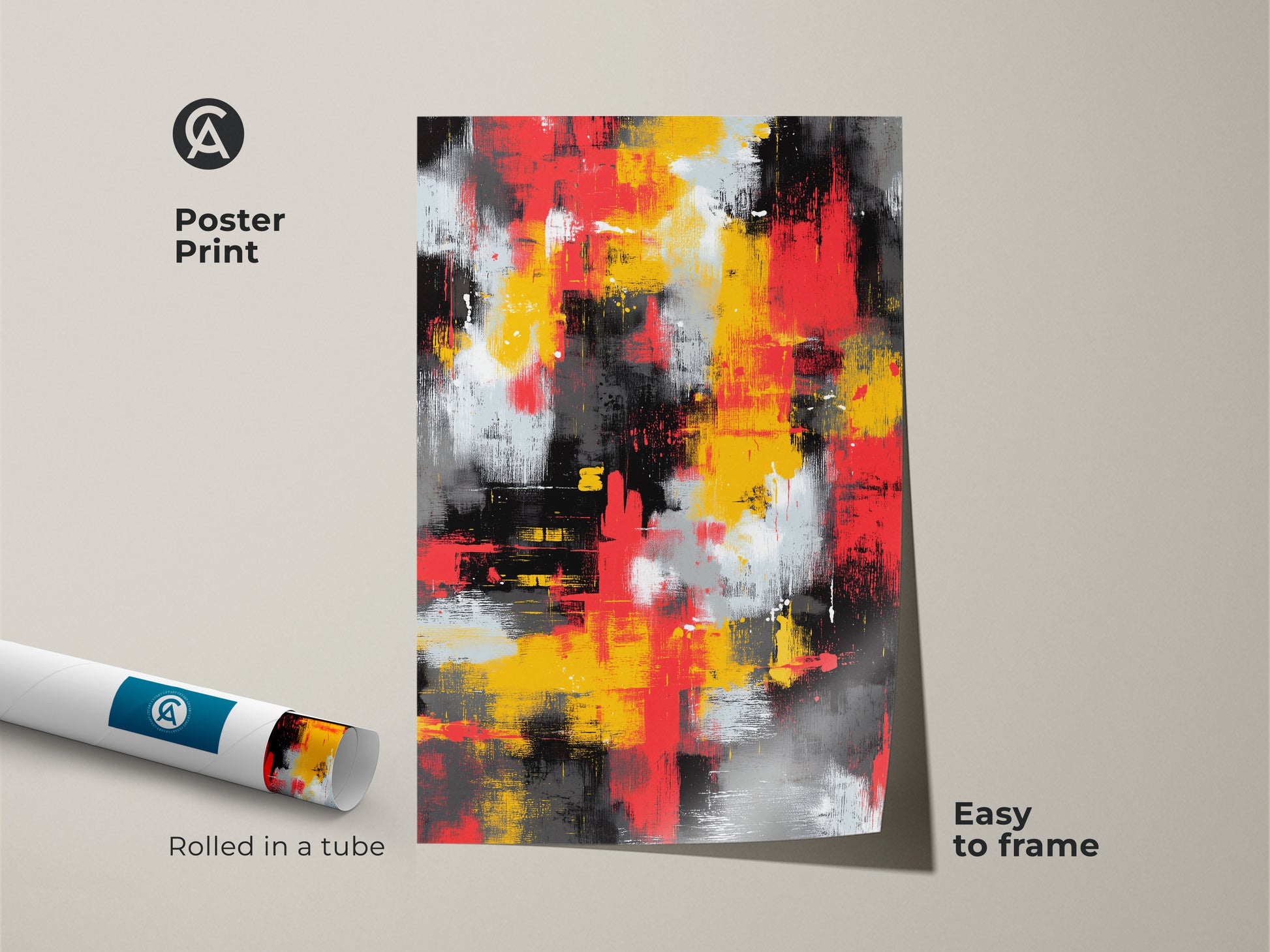 Poster print of abstract art rolled in a tube. This artwork is easy to frame. The art features dynamic colors of red yellow black and white. A perfect addition to any art collection or as a gift. Get this museum-quality paper print for your home or office.