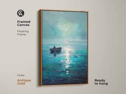 Framed canvas print of a deep blue ocean. The antique gold floating frame enhances the coastal artwork. Ready to hang this impressionistic seascape adds elegance. This serene seascape canvas is a great housewarming gift ocean art.