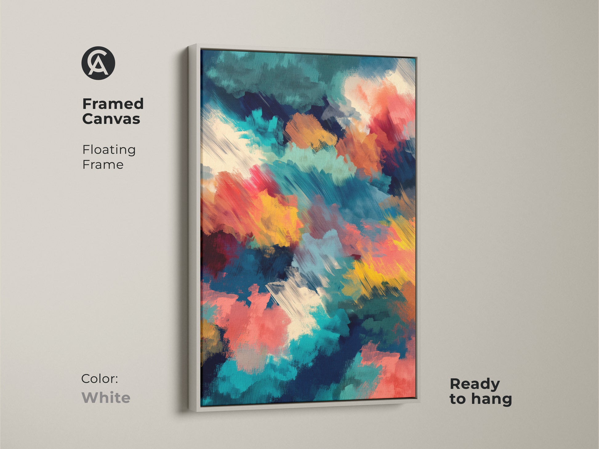 Framed canvas with floating frame featuring abstract artwork. The white frame enhances the colors of teal red and yellow. This modern art piece is ready to hang. A great addition to any home.