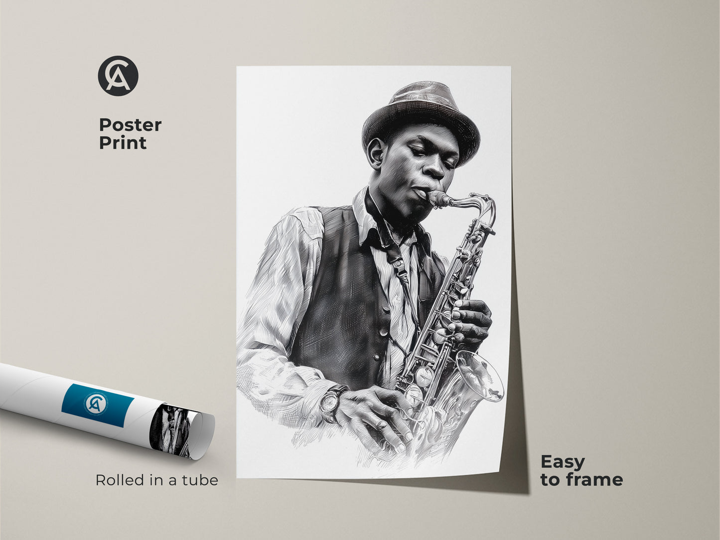 Poster print of a jazz musician playing his saxophone. The black and white artwork is rolled in a tube. This museum-quality paper art print is easy to frame. Perfect for adding a musical touch to any room. Shop now for this poster art.