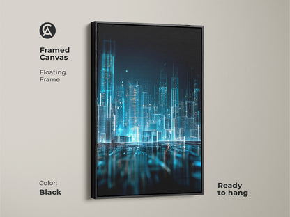 Black framed canvas of digital city art. This artwork is a blue glowing cityscape. The art features a modern city. This canvas has a floating frame. This canvas is ready to hang.