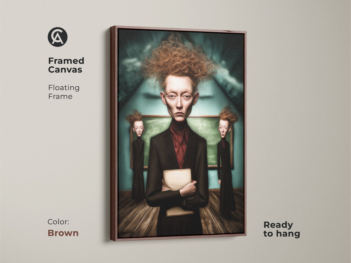 Framed canvas displays a surrealist portrait. It has a floating brown frame. The Gothic figure canvas print enhances study room decor. This dark academia art suits eclectic living rooms. Ready to hang.