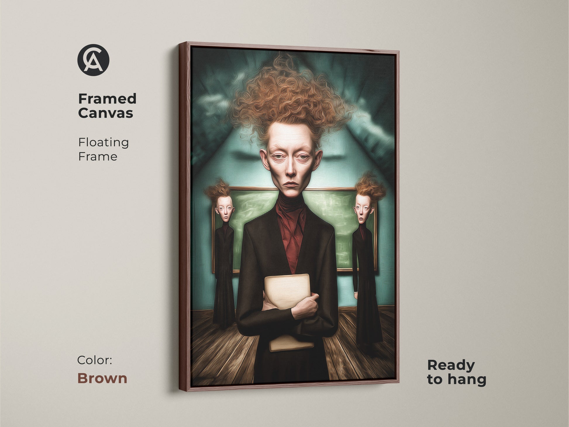 Framed canvas displays a surrealist portrait. It has a floating brown frame. The Gothic figure canvas print enhances study room decor. This dark academia art suits eclectic living rooms. Ready to hang.
