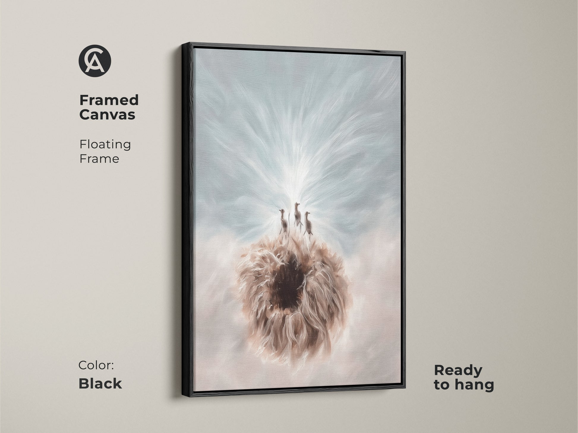 View the framed canvas art of the Meerkat & Dandelion art in a black floating frame. This boho fantasy animal wall decor is ready to hang. The blue and white nature print makes a great wall hanging.
