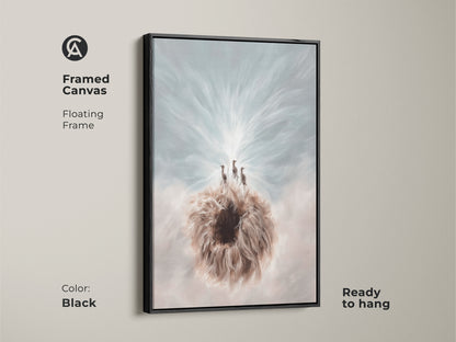 View the framed canvas art of the Meerkat & Dandelion art in a black floating frame. This boho fantasy animal wall decor is ready to hang. The blue and white nature print makes a great wall hanging.