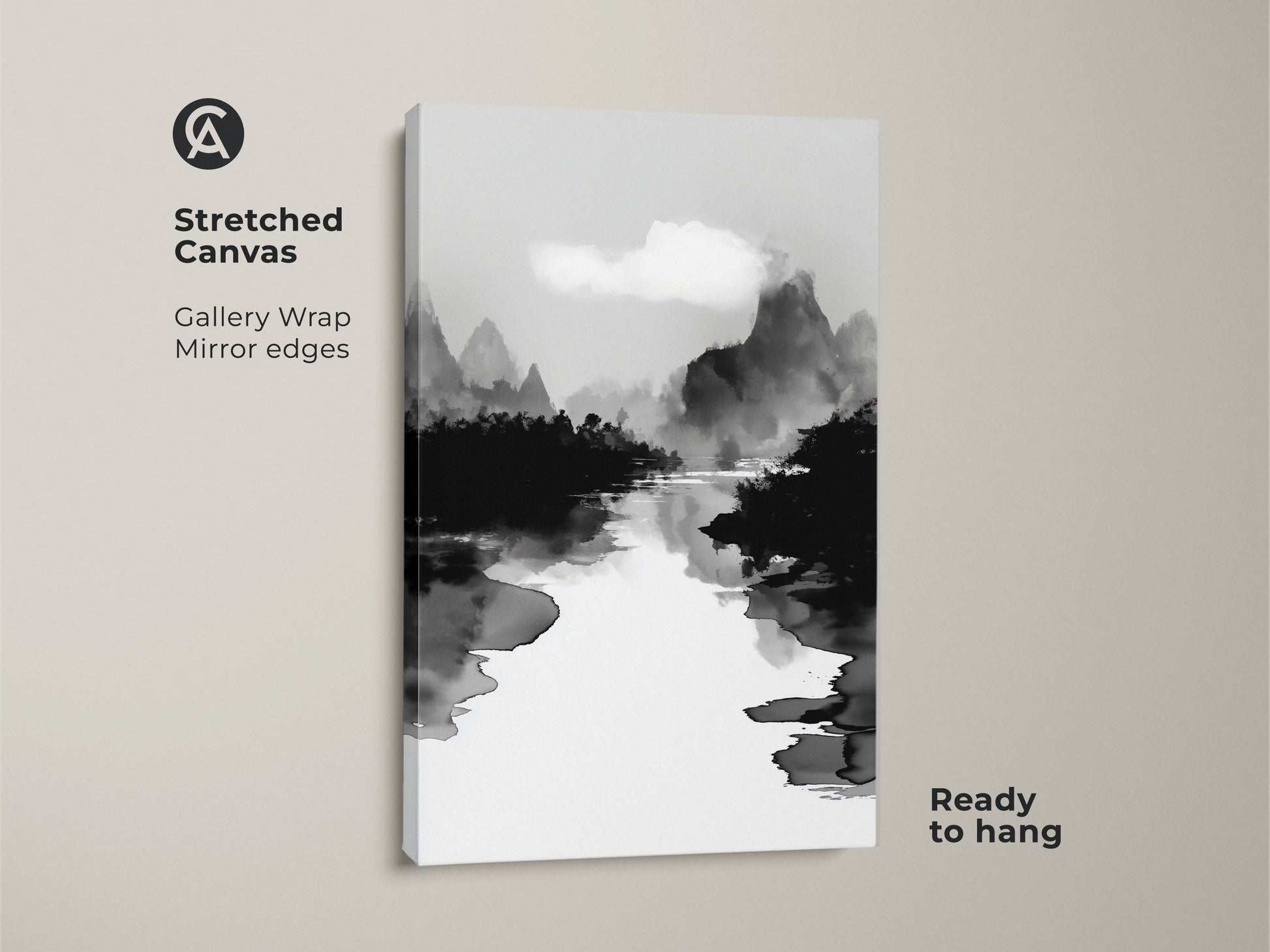 Stretched canvas featuring a black white ink wash art print. A minimalist mountain river landscape offers a serene nature wall decor option. The Japanese Sumi-e style artwork is ready to hang. The gallery wrap canvas with mirror edges enhances the monochromatic river art in your living space.