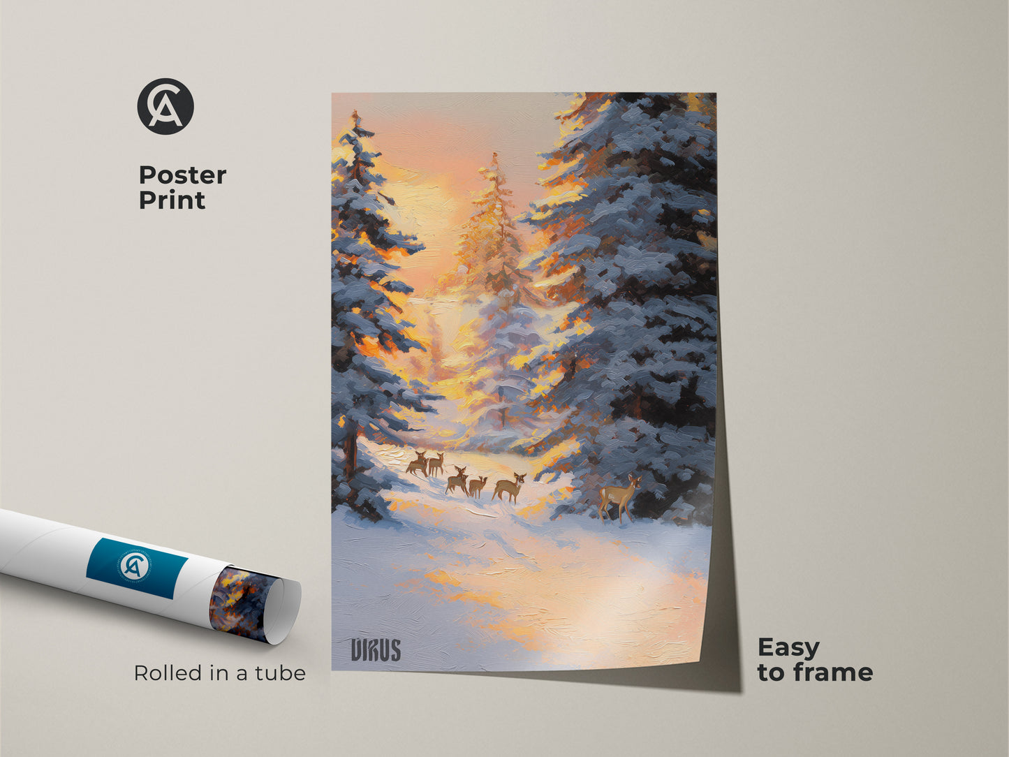 Poster print of a serene winter landscape with deer walking through a snowy forest. This rustic nature decor is easy to frame. The blue and orange wildlife art adds charm to any space. Perfect as animal art print for living room or cozy bedroom wall art.