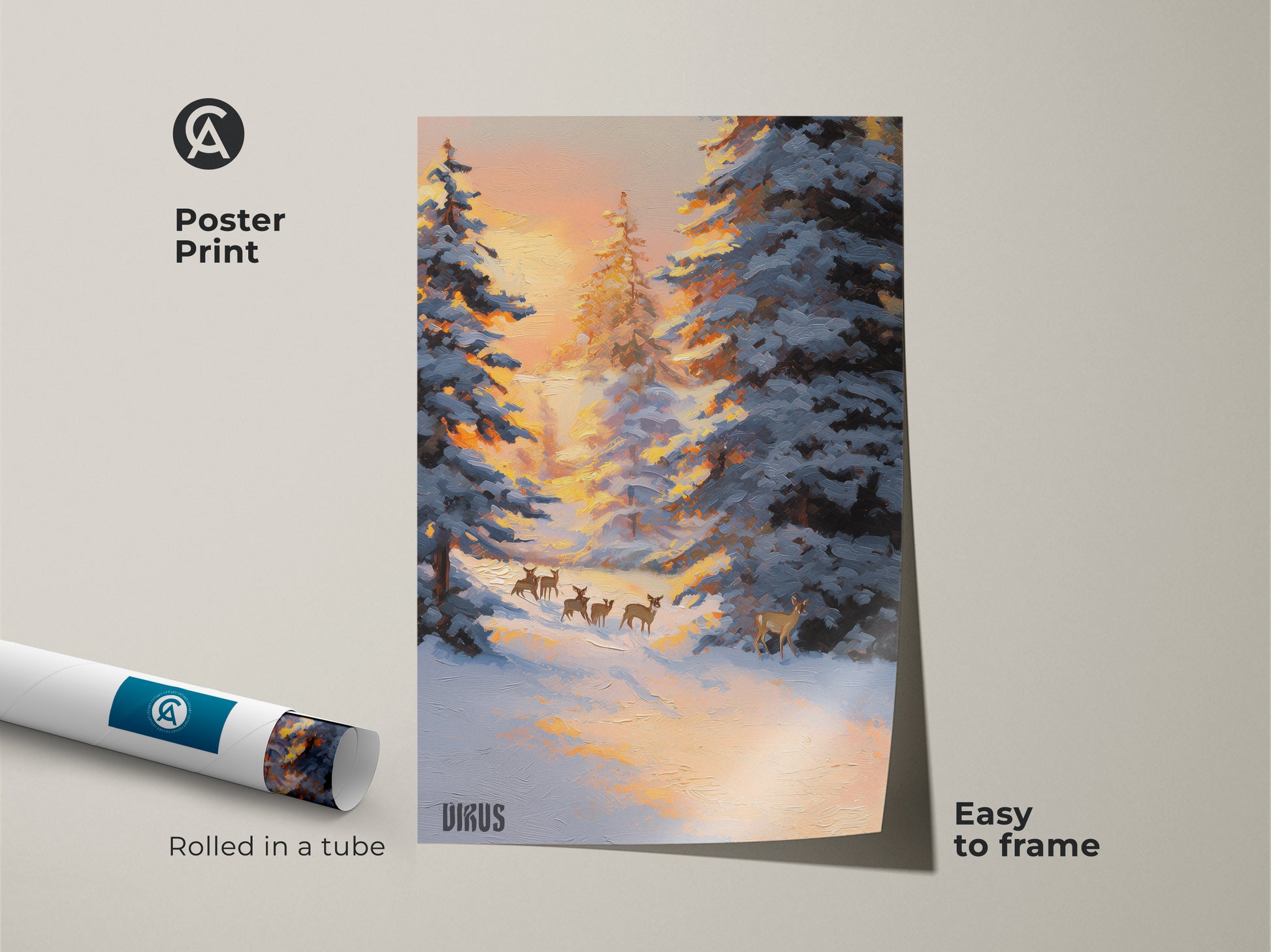 Poster print of a serene winter landscape with deer walking through a snowy forest. This rustic nature decor is easy to frame. The blue and orange wildlife art adds charm to any space. Perfect as animal art print for living room or cozy bedroom wall art.