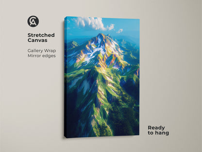 Stretched canvas artwork showcasing a majestic mountain. This gallery-wrapped canvas features mirror edges. The ready-to-hang artwork is perfect for home decor. Bring the beauty of nature indoors. The vibrant colors and fine art details create a stunning visual impact.