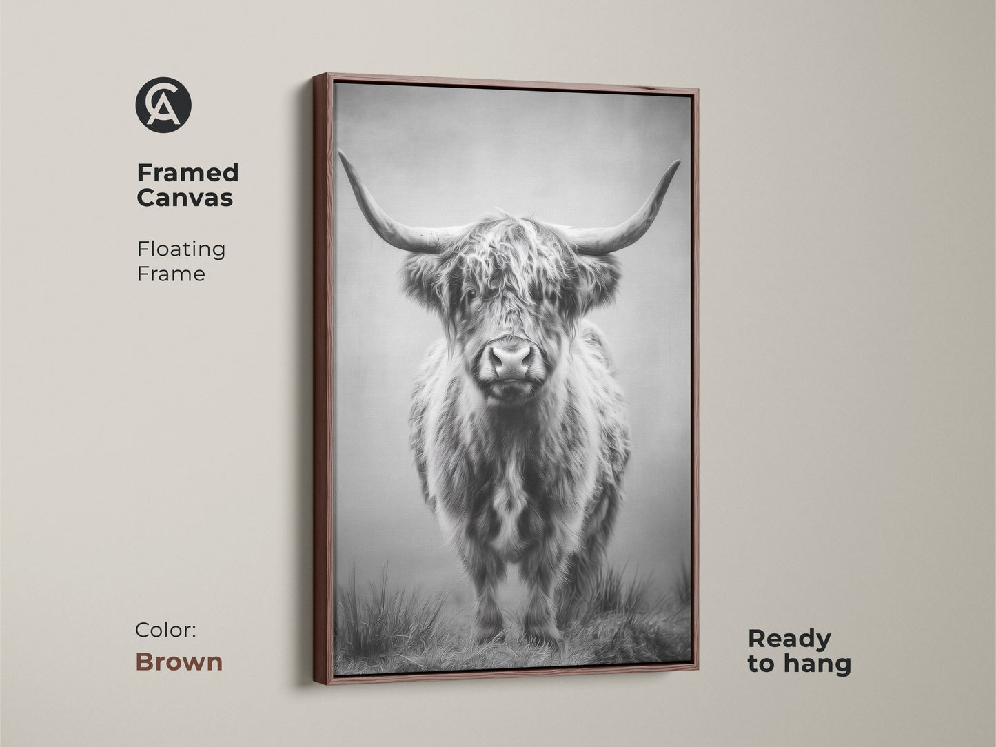 Brown framed canvas displays a striking Highland cow. This monochrome bull print brings farmhouse elegance. Ready to hang wildlife wall decor complements rustic and country themes beautifully.